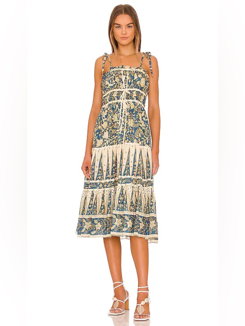 Ulla Johnson Blue Cream Printed Tie-Shoulder Midi Indah Dress Lanai Size 4 - Picture 3 of 10